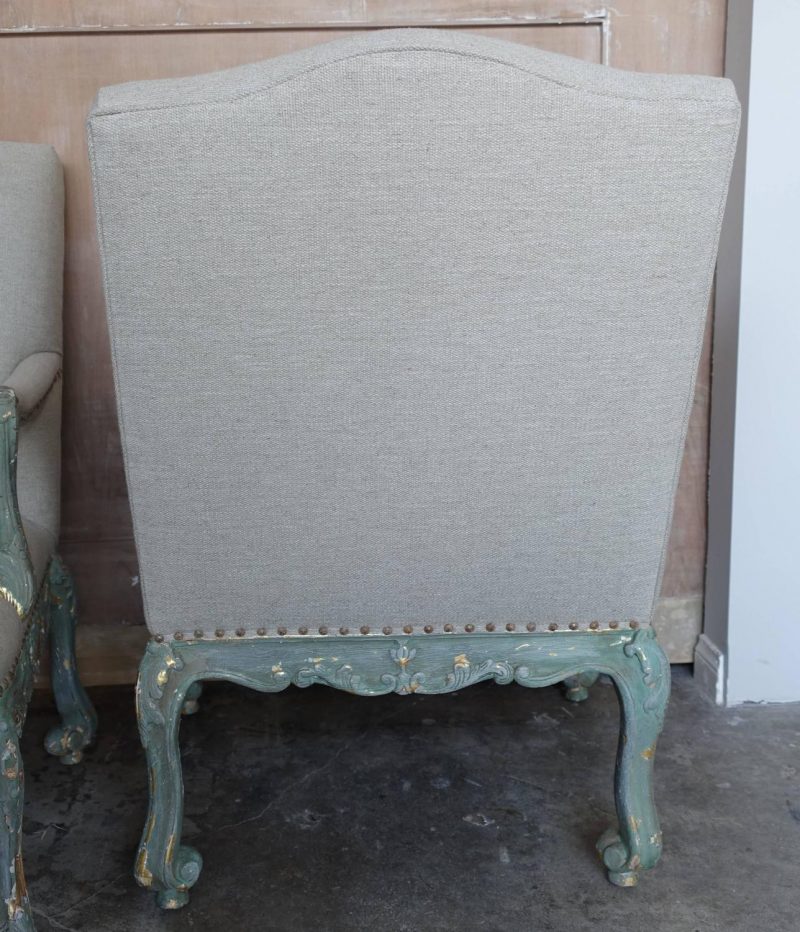 Pair of Aqua Painted French Rococo Style Fauteuils