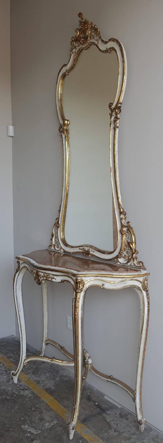 19th Century Louis XV Style Painted and Parcel-Gilt Console and Mirror