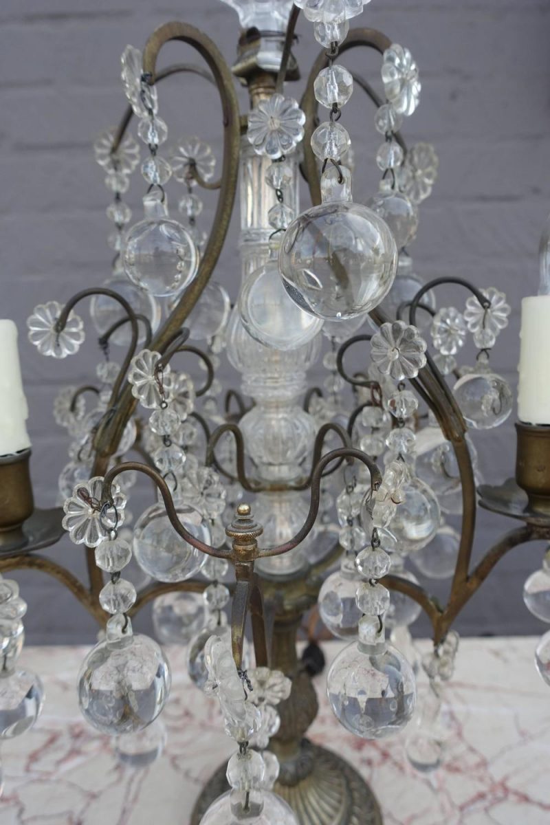 Pair of French Six-Light Bronze and Crystal Girandoles