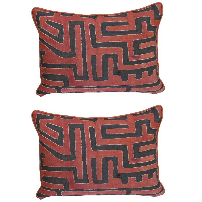 Pair of Rust and Black African Kuba Cloth Pillows
