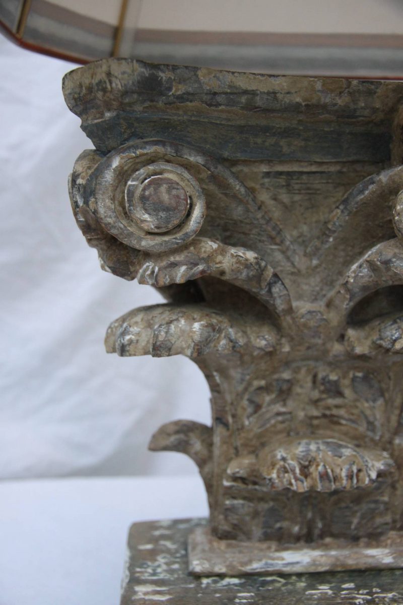 Pair of Italian Carved Capital Lamps with Parchment Shades