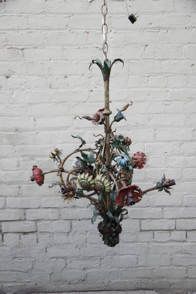 Six-Light French Wrought Iron Painted Floral Chandelier