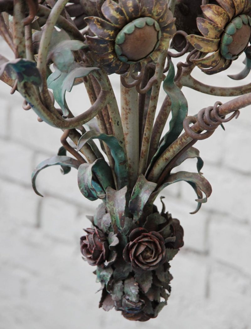 Six-Light French Wrought Iron Painted Floral Chandelier