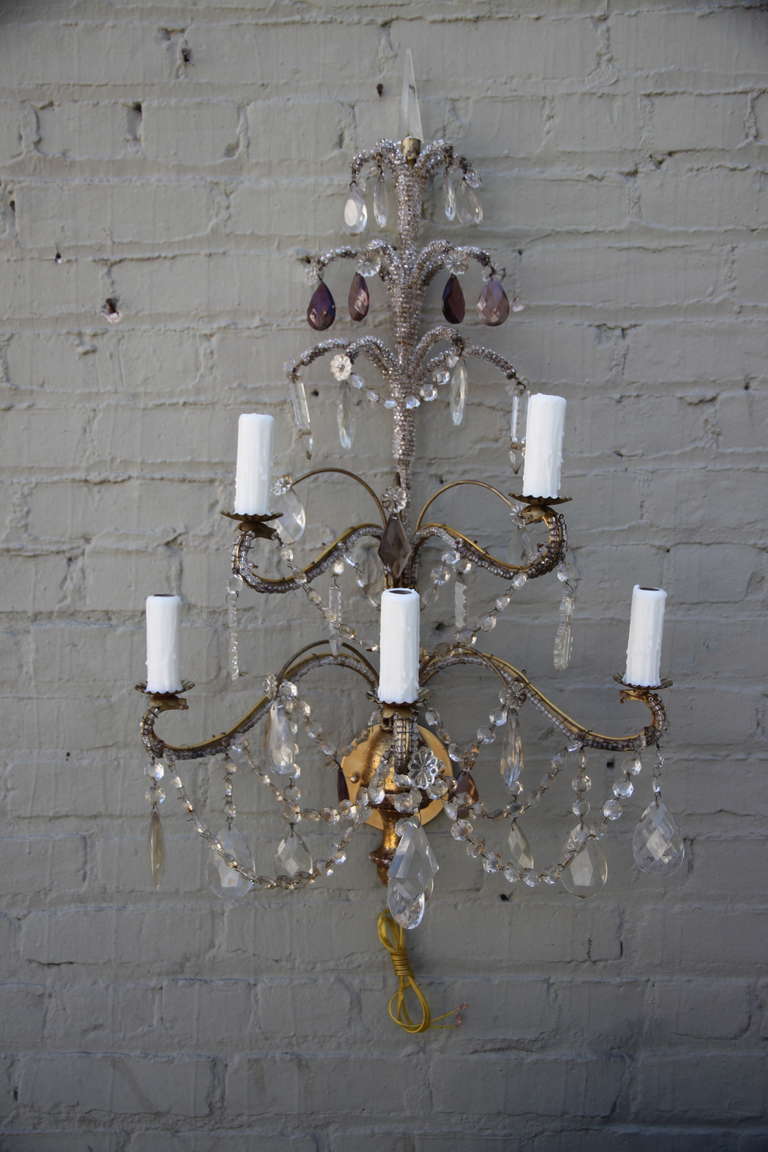 Pair of French 5-Light Crystal Beaded Sconces