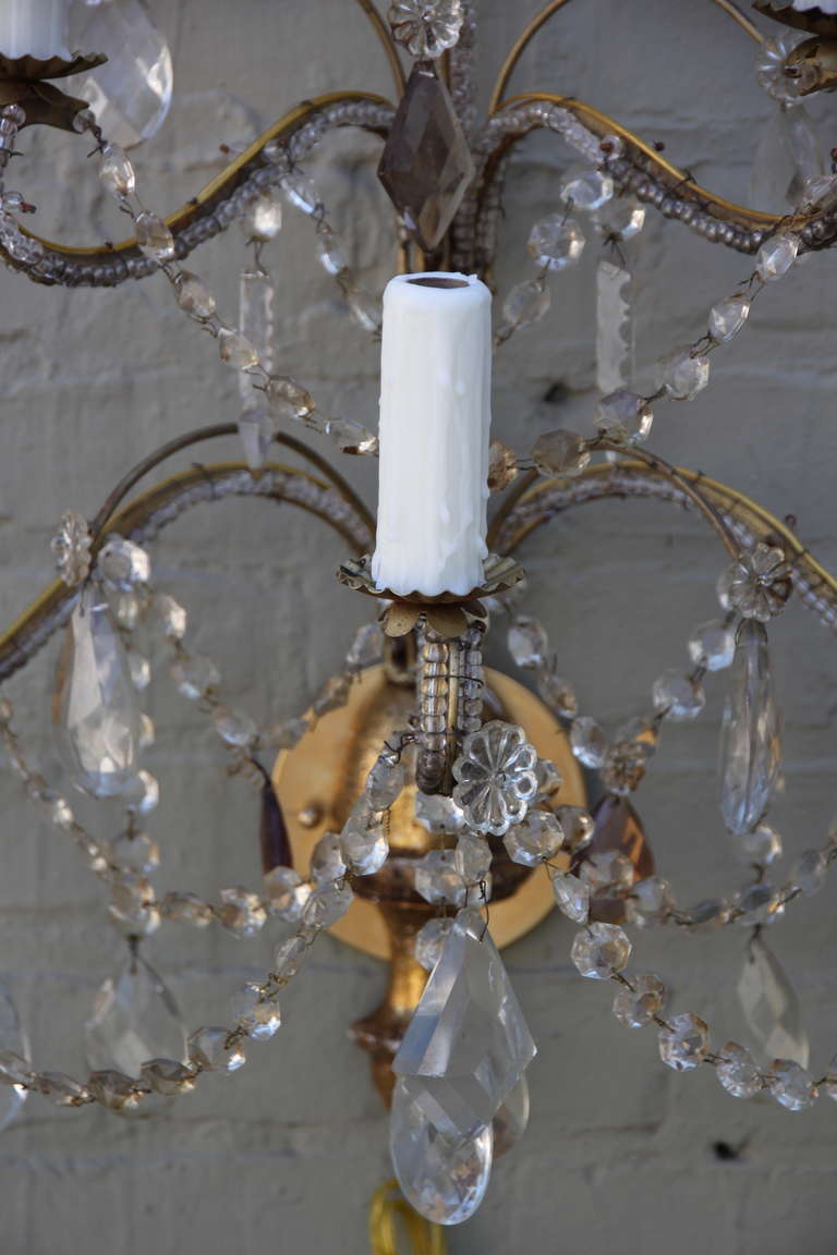 Pair of French 5-Light Crystal Beaded Sconces