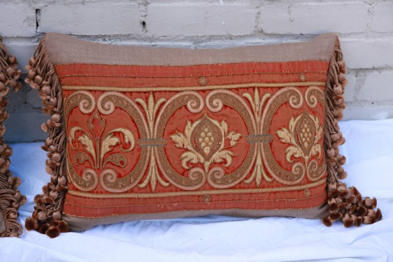 Pair of Antique Rust Velvet Metallic Embroidered Pillows by Melissa Levinson