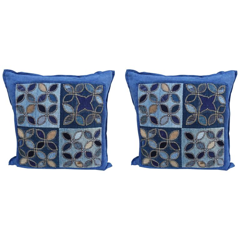 Pair of Custom Blue Quilted Square Shaped Pillows