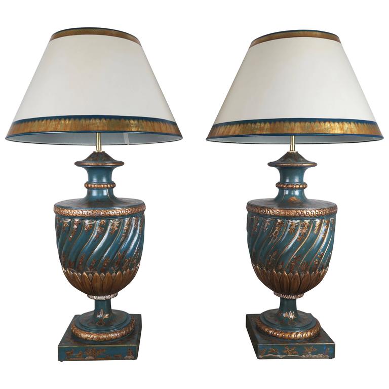 Teal and Gold Chinoiserie Painted Colored Lamps, Pair
