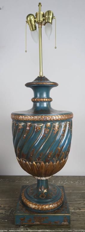 Teal and Gold Chinoiserie Painted Colored Lamps, Pair