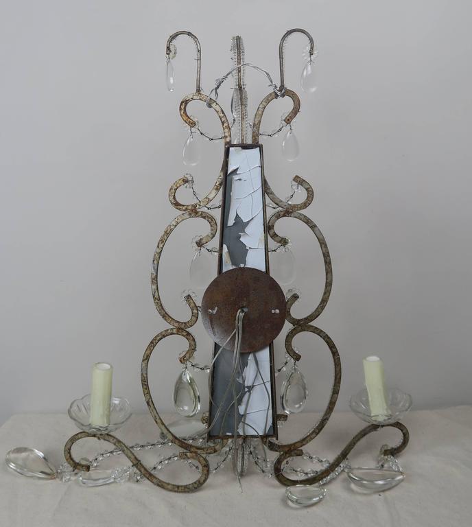 Silver Crystal Beaded Mirrored Sconces, Pair