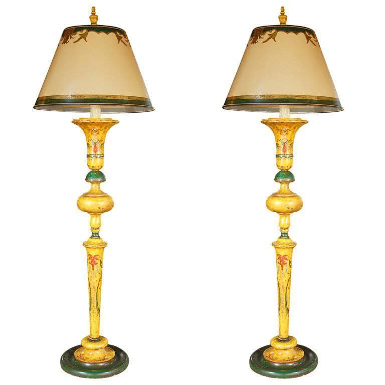 Pair of Italian Painted Standing Lamps with Custom Shades