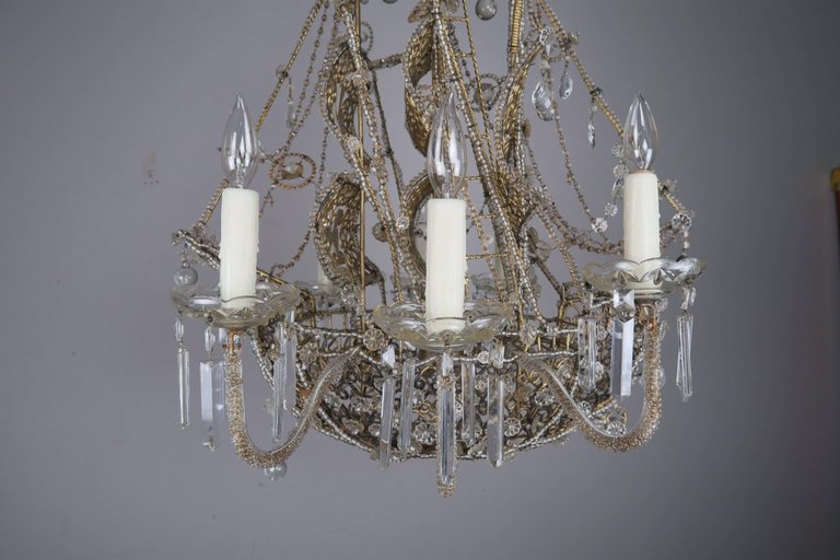 French Crystal Beaded Ship Chandelier, 1930s French Crystal Beaded Chandelier