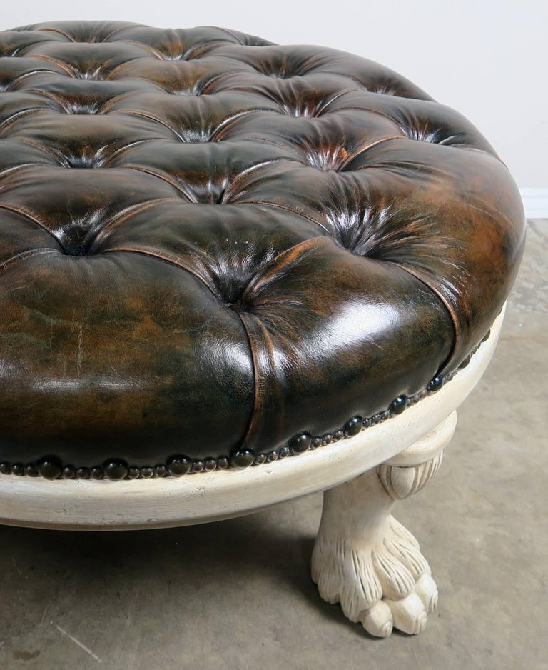 Leather Tufted Round Ottoman W Carved, Tufted Round Leather Ottoman
