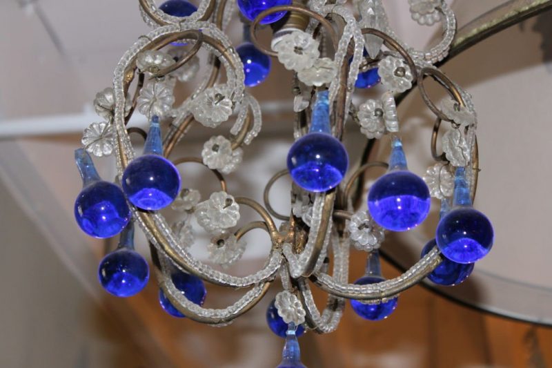 Petite French Beaded Chandelier with Cobalt Drops C. 19302