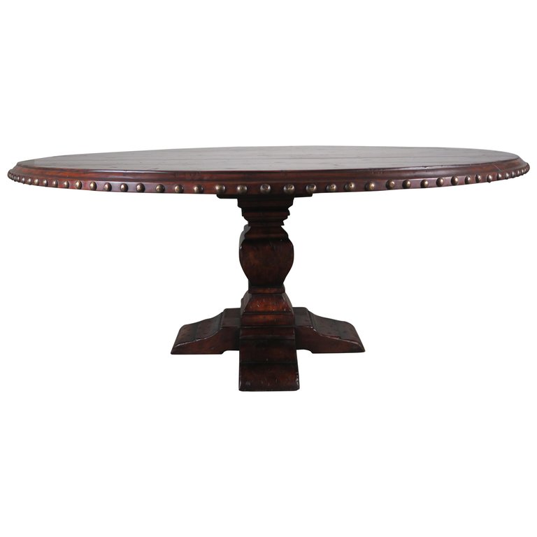 Spanish Walnut Round Dining Table With, Nailhead Dining Table