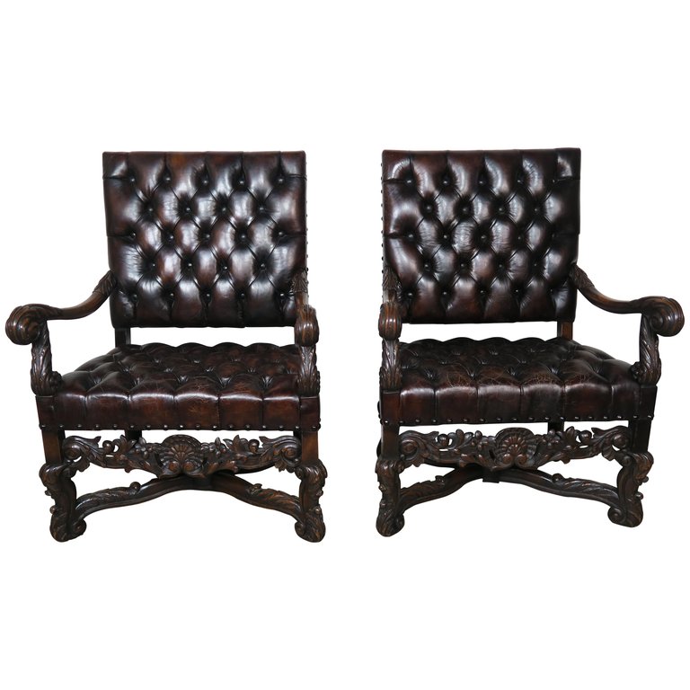 19th Century Italian Leather Tufted Armchairs, a Pair $7,500